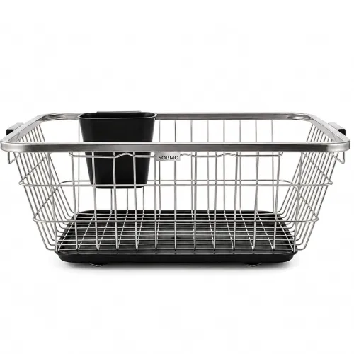 Image of Amazon Brand - Solimo 3-in-1 | Large Stainless Steel Dish Rack with Plastic Drainer | Cutlery Holder & Handle | Utensil 