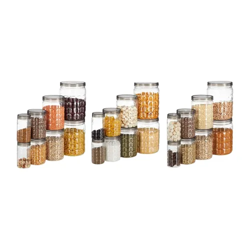 Image of Amazon Brand - Solimo Plastic Checkered Jar Container Set of 24, 2000Ml, 1000Ml, 500Ml, 250Ml, Transparent, Black