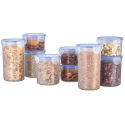Amazon Brand - Solimo Round Plastic Storage Jar & Container Set | Airtight Lid | BPA-Free Plastic | Microwave, Freezer & Dishwasher Safe | Kitchen Storage | 370ml, 650ml & 950ml | Set of 9