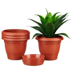 Amazon Brand - Solimo Round Pots for Plants with Bottom Tray | Indoor and Outdoor Flower Pot for Home/Office/Table/Garden/Balcony Decoration | 8 inch, Set of 4 | Brown