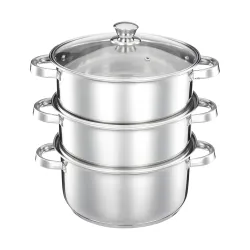 Amazon Brand – Solimo Stainless Steel 3-Tier Steamer with Glass Lid