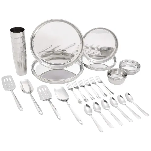 Image of Amazon Brand - Solimo Stainless Steel Dinner Set | Solid | 44 Pieces | Silver