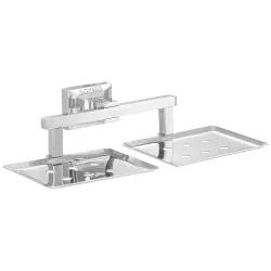 Amazon Brand - Solimo Stainless Steel Square Soap Holder for Bathroom/Double Soap Dish | 304 Grade (Chrome) - Pack of 1