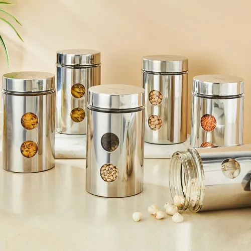 Image of Solimo Steel Glass Jars with Window, 1200ml, Set of 6