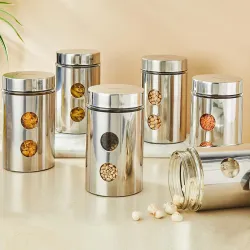 Solimo Steel Glass Jars with Window, 1200ml, Set of 6