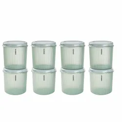 Amazon Brand - Solimo Storewell Linea Plastic Storage Containers Set of 8 (1.9L Each) | BPA-Free, Stackable & Transparent Ribbed Kitchen Storage Jars, Coral Green