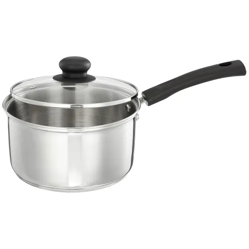 Image of Amazon Brand - Solimo Cookware Saucepan with Glass Lid (2L) | Triply Stainless Steel | Spill-Proof Edges | Ergonomic Han