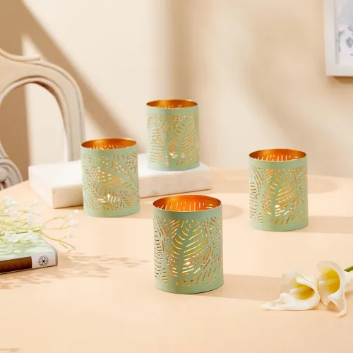 Image of Amazon Brand - Solimo Tea Light Votive – Round Leaf Design, Sea Green Iron with Gold Interior, Set of 4 (Size: L-7.5 cm 