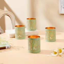 Amazon Brand - Solimo Tea Light Votive – Round Leaf Design, Sea Green Iron with Gold Interior, Set of 4 (Size: L-7.5 cm 
