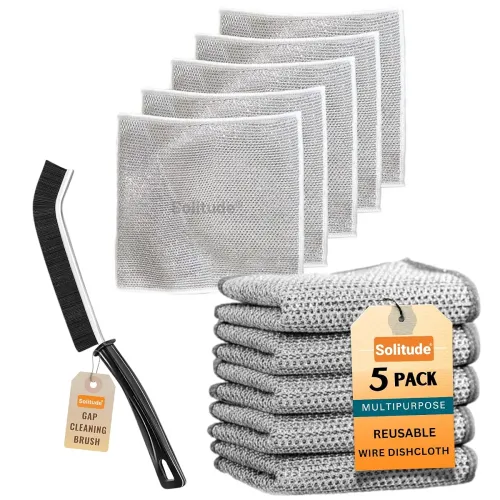 Image of Solitude 6X Combo 5 Pack Non-Scratch Wire Dishcloth & 1 Mini Gap Cleaning Brush, Multipurpose Wire Dishwashing Rags for 