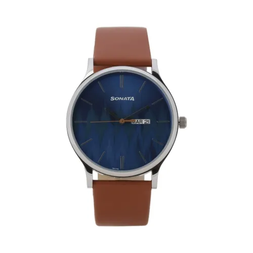 Image of Sonata Knot Blue Dial Leather Strap Analog Watch for Men