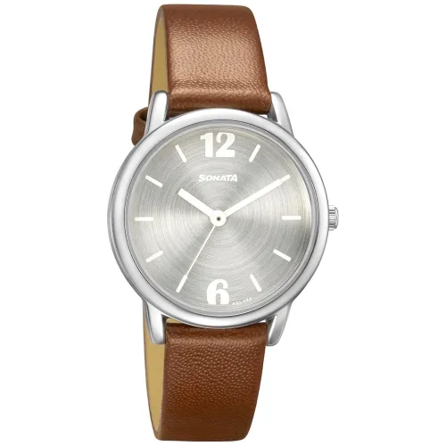 Image of Sonata Excl Fkt Women's Silver Round Dial Leather Watch NS8172SL02