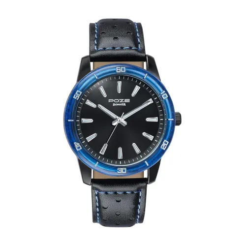 Image of Sonata Poze 7 Analog Black Dial IP Black + Blue Stitch Watch for Men 