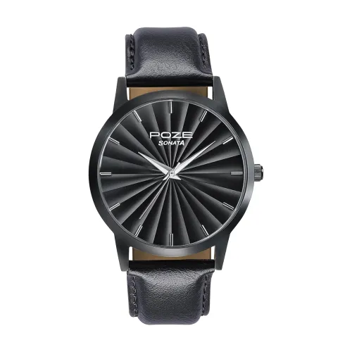 Image of Sonata Poze Quartz Analog Black Dial Leather Strap Watch for Men.