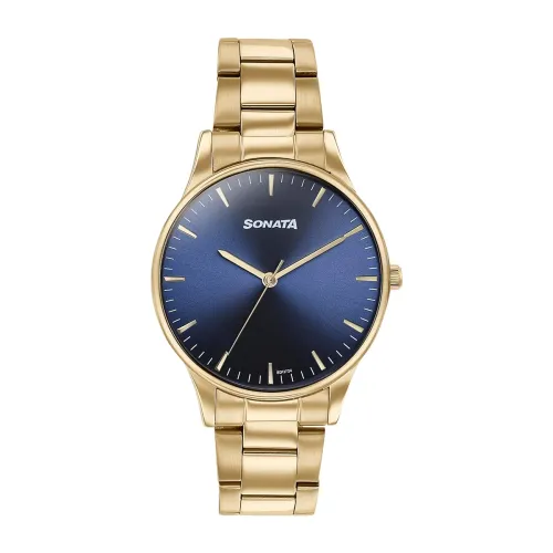 Image of Sonata Quartz Analog Blue Dial Golden Stainless Steel Strap Watch for Men