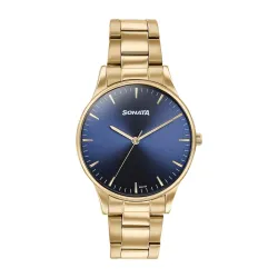 Sonata Quartz Analog Blue Dial Golden Stainless Steel Strap Watch for Men