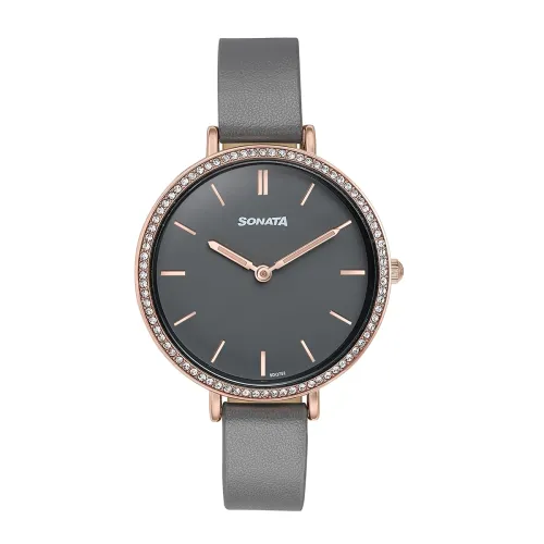Image of Sonata Quartz Analog Grey Dial Grey Leather Strap Watch for Women