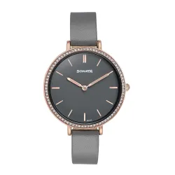 Sonata Quartz Analog Grey Dial Grey Leather Strap Watch for Women
