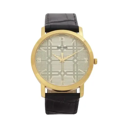 Image of Sonata Quartz Analog Silver Dial Leather Strap Watch