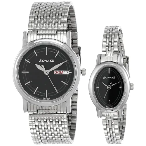 Image of Sonata Quartz Analog with Day and Date Black Dial Metal Strap Watch