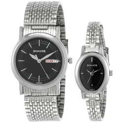 Sonata Quartz Analog with Day and Date Black Dial Metal Strap Watch