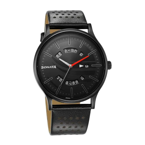 Image of Sonata RPM Black Dial Leather Strap Analog Watch for Men