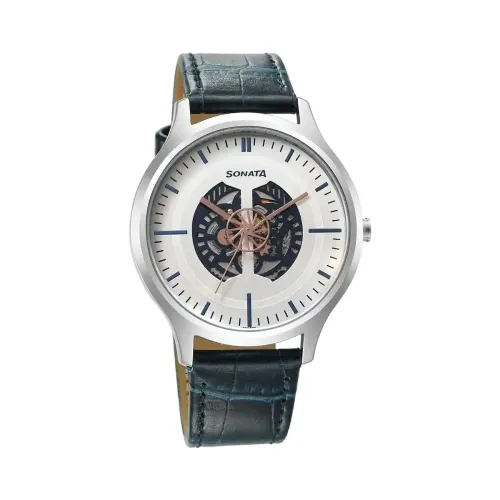 Image of Sonata Unveil Quartz Silver Dial Leather Strap Watch for Men