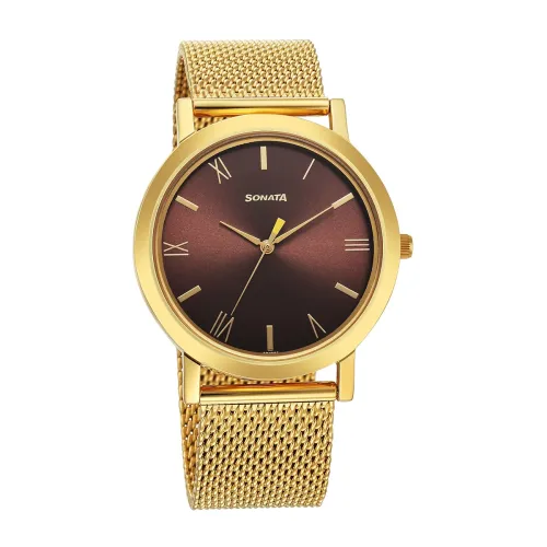 Image of Sonata Utsav Quartz Analog Brown Dial Watch for Men-NS77108YM08