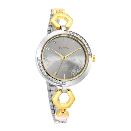 Image of Sonata Utsav Grey Dial Two Toned Bi Metal Strap Analog Watch for Women-NR8184BM01