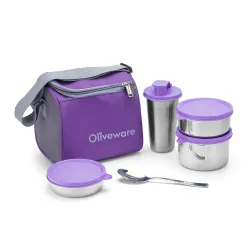 SOPL-OLIVEWARE Milano Lunch Box, Leak Proof, 3 Stainless Steel Containers with BPA Free Lids (300ml, 450ml, 600ml), Steel Spoon & Tumbler (400ml), Fabric Bag - Violet
