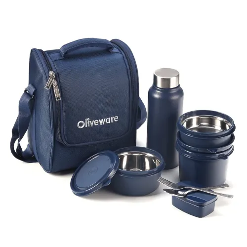 Image of SOPL-OLIVEWARE Teso Pro Lunch Box with Steel Cutlery, 3 Steel Containers 