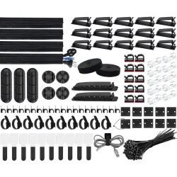 SOULWIT Cable Management Kit, 4 Cable Sleeve, 3 Silicone Cable Holder, 10+2 Roll Cable Organizer Straps, 15 Large Cord Clips, 100 Wire Organiser Ties for TV PC Under Desk Home Office, Black