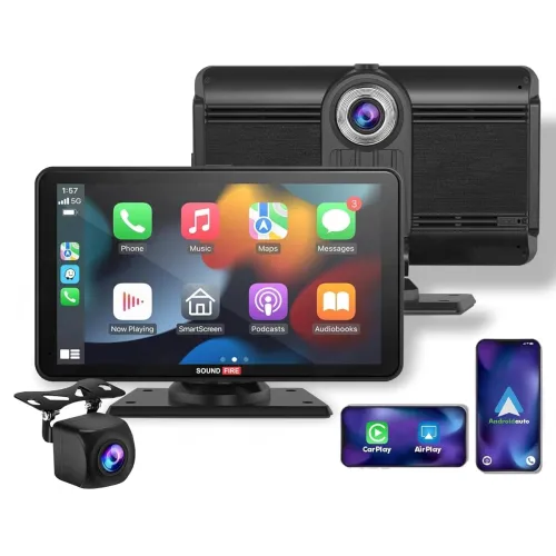 Image of SOUND FIRE 7-Inch Car Display Screen with Dual Dashcam | Wireless CarPlay & Android Auto | Rear Camera | Bluetooth, Voic