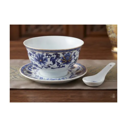 Image of Soup Bowl with Saucer and Spoon, White & Blue Thai Floral Design