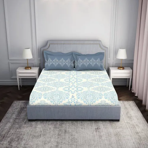 Image of SPACES Cotton King Fitted (Elastic) 144 TC Paisley 1 Bedsheet with 2 Pillow Covers (Light Blue)