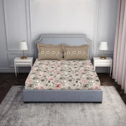 SPACES Cotton King Fitted (Elastic) 144 TC Paisley 1 Bedsheet with 2 Pillow Covers (Cream)