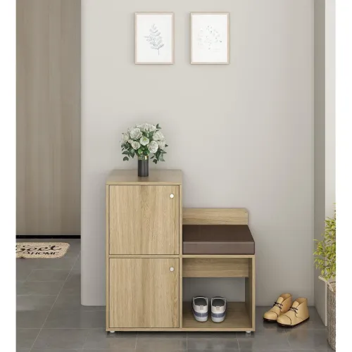 Image of Spacewood Shoe Rack 2 Door with 1 Shelf and Attached Stool
