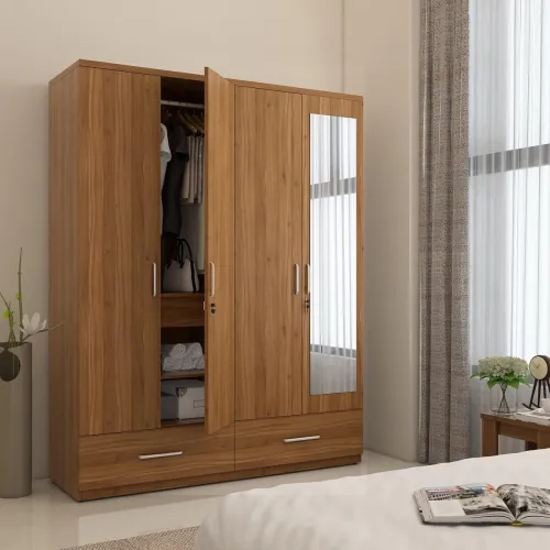 Image of Spacewood Linden 4-Door Engineered Wood Wardrobe with Mirror, Natural Teak