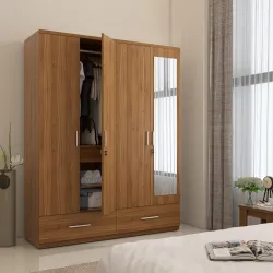 Spacewood Linden Wardrobe | 3 Year Warranty | Almirah, Cupboard, Almari, 4 Door Wardrobe with Mirror, 3 Drawer (1 Lock Drawer) and 2 Hanging Space & 1 Internal Locker |Engineered Wood| Natur...