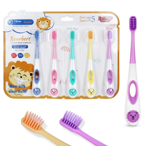 Image of Spanker Pack of 5 Children's Cute Soft Bristle Toothbrush with Fine Bristles | Lion Handle & Pressure-Reducing Design fo