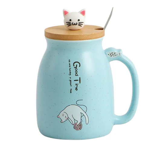 Image of Spooky Creative Starry Sky Ceramic Mug Cute 3D Cat Design with Lid & Spoon