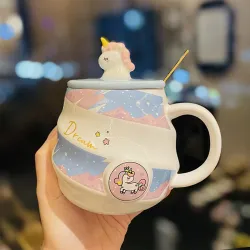 Spooky Unicorn Ceramic Mug with Lid and Spoon – 400ml Cartoon Coffee Cup for Kids, Girls & Women – Gift for Birthday, Office, Christmas, Valentine's Day – Ins-Style Animal Tea Mug (Blue)