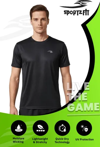 Image of Sportz Fit  Men Solid Round Neck Polyester Black T-Shirt