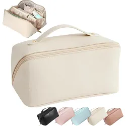 Sprqcart Large Capacity Travel Cosmetic Bag With Handle And Divider - Multifunctional Makeup Bag For Easy Access, Waterproof- (Cream), 10 cm Leather;Metal;Stainless Steel