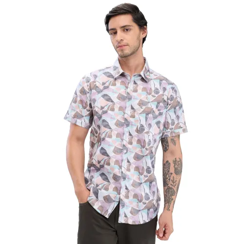 Image of Spykar Half Sleeve Slim Fit Printed Pink Shirts for Men