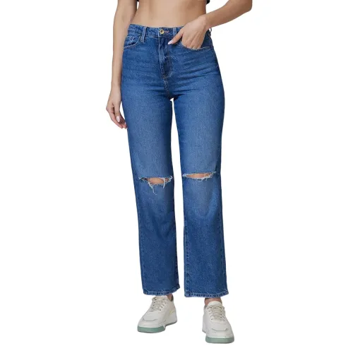 Image of Spykar High Rise Straight Fit Blue Jeans for Women