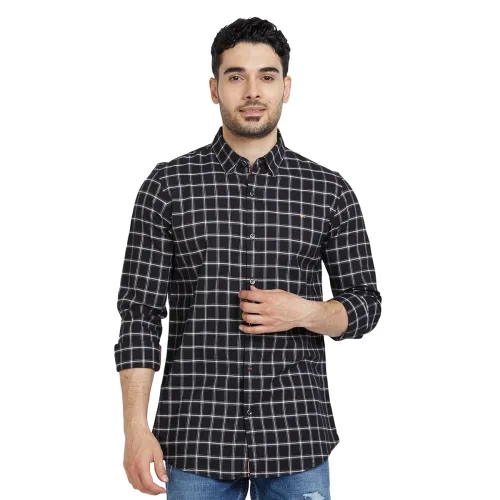 Image of Spykar Men Jet Black Cotton Regular Slim Fit Full Sleeve Checkered Shirt