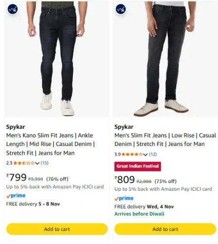 Image of Spykar Men's Skinny Fit Low-Rise Casual Jeans at minimum 70% Discount