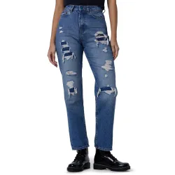 Spykar Women Mid Blue Cotton Straight Fit Regular Length Highly Distressed Jeans -(Bella)
