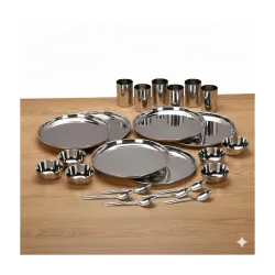 Stainless Steel Solid Heavy Mirror Finish Dinner Set of 24 Pcs (6 Plate, 6 Bowl/Wati, 6 Glass, 6 Spoon), Silver